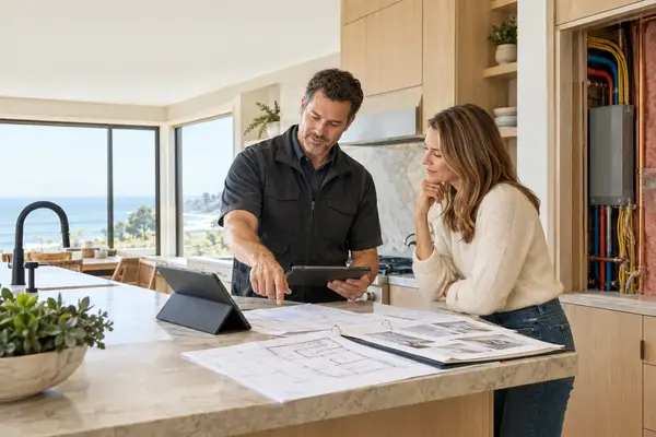 Homeowner going over remodel design plans with design company